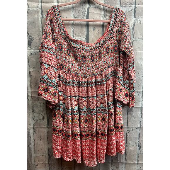 Torrid Mosaic Print Smocked Bell Sleeve Off The Shoulders Mini Dress Size 2X - Picture 5 of 10